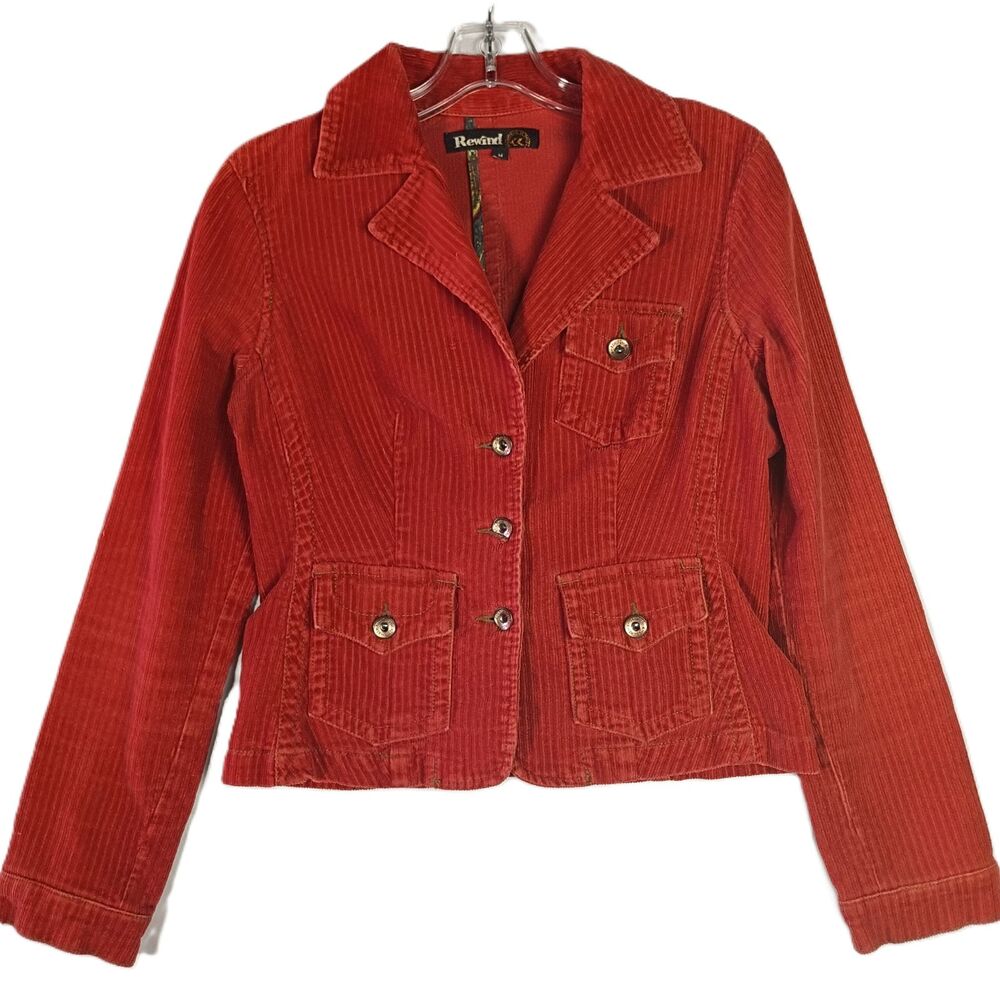 Rewind Womens Size M Orange Brick Corduroy Crop Jacket Button Up Collared READ